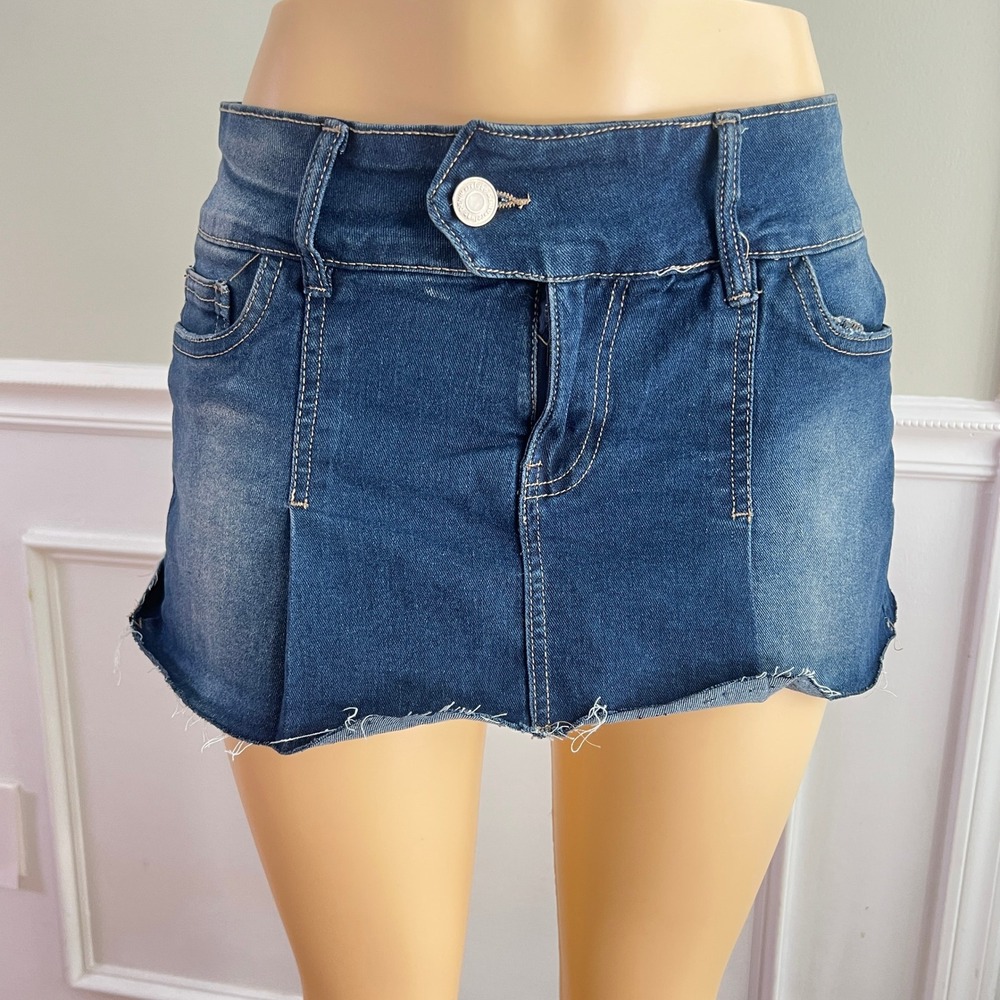 Y2K Vtg Refuge Stetch Denim Mini Skort Sz M Women Raw Hem Blue Retro Streetwear